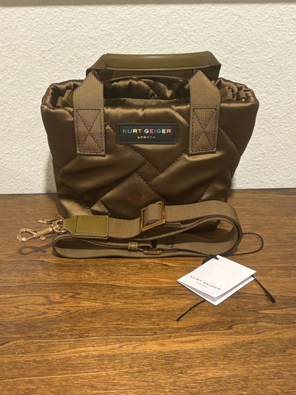 Kurt Geiger Olive Quilted Satin XS Tote with Adjustable Strap NWOT - Picture 2 of 6